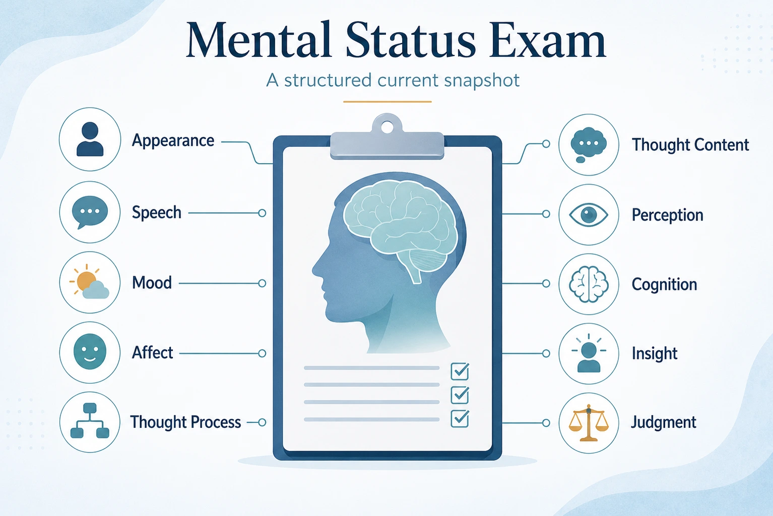 Mental Status Examination infographic showing key assessment areas and observed versus interview-based findings.