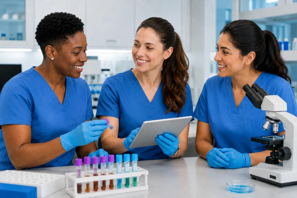 Nurse practitioners reviewing lab samples for PMHNP exam prep.