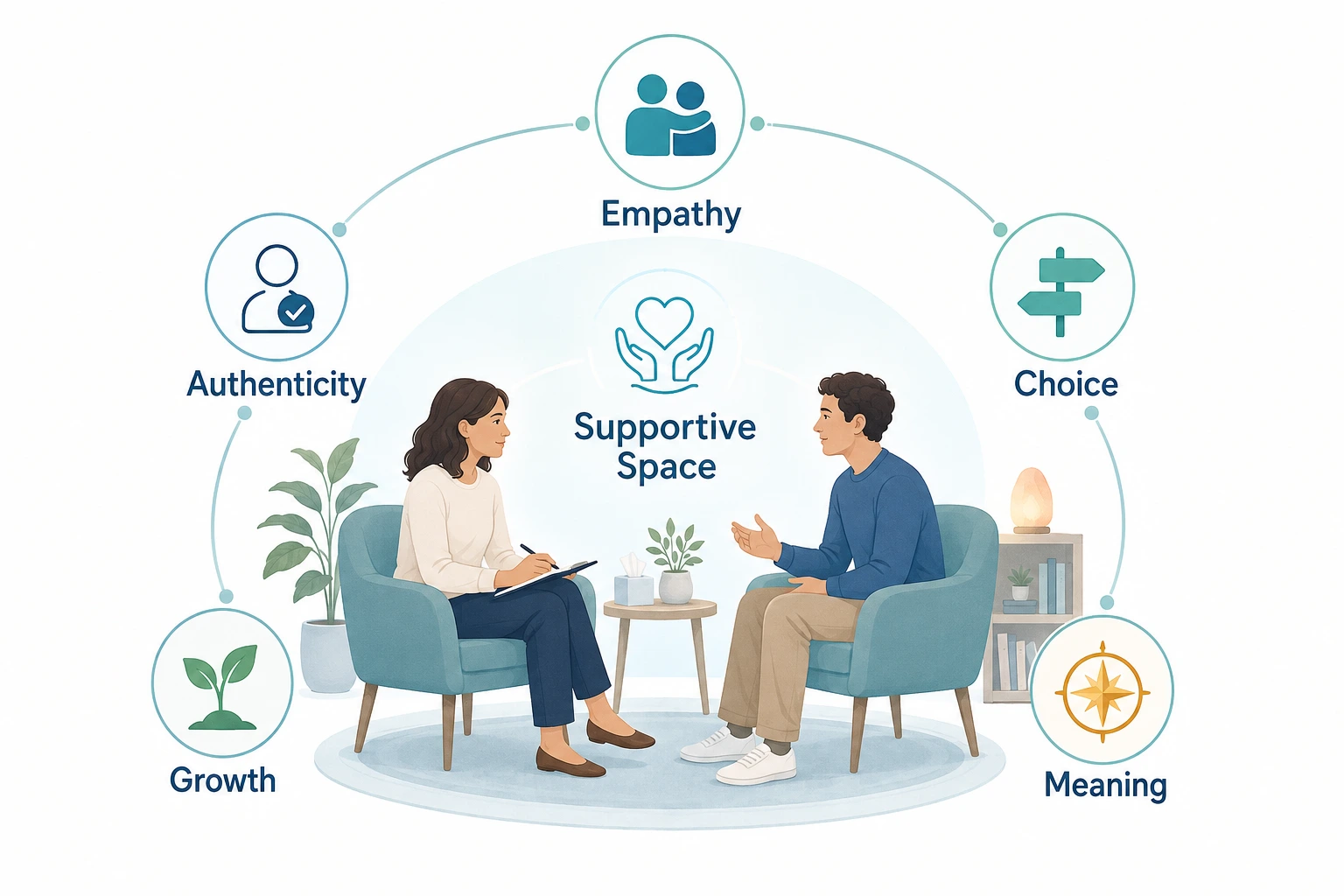 PMHNP student and experienced nurse educator reviewing a worksheet during a calm cognitive behavioral therapy training exercise in a modern counseling setting.