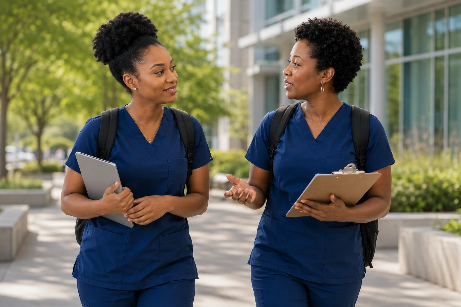 Two African American female nursing students in navy scrubs walk outdoors on a healthcare campus while discussing their studies.