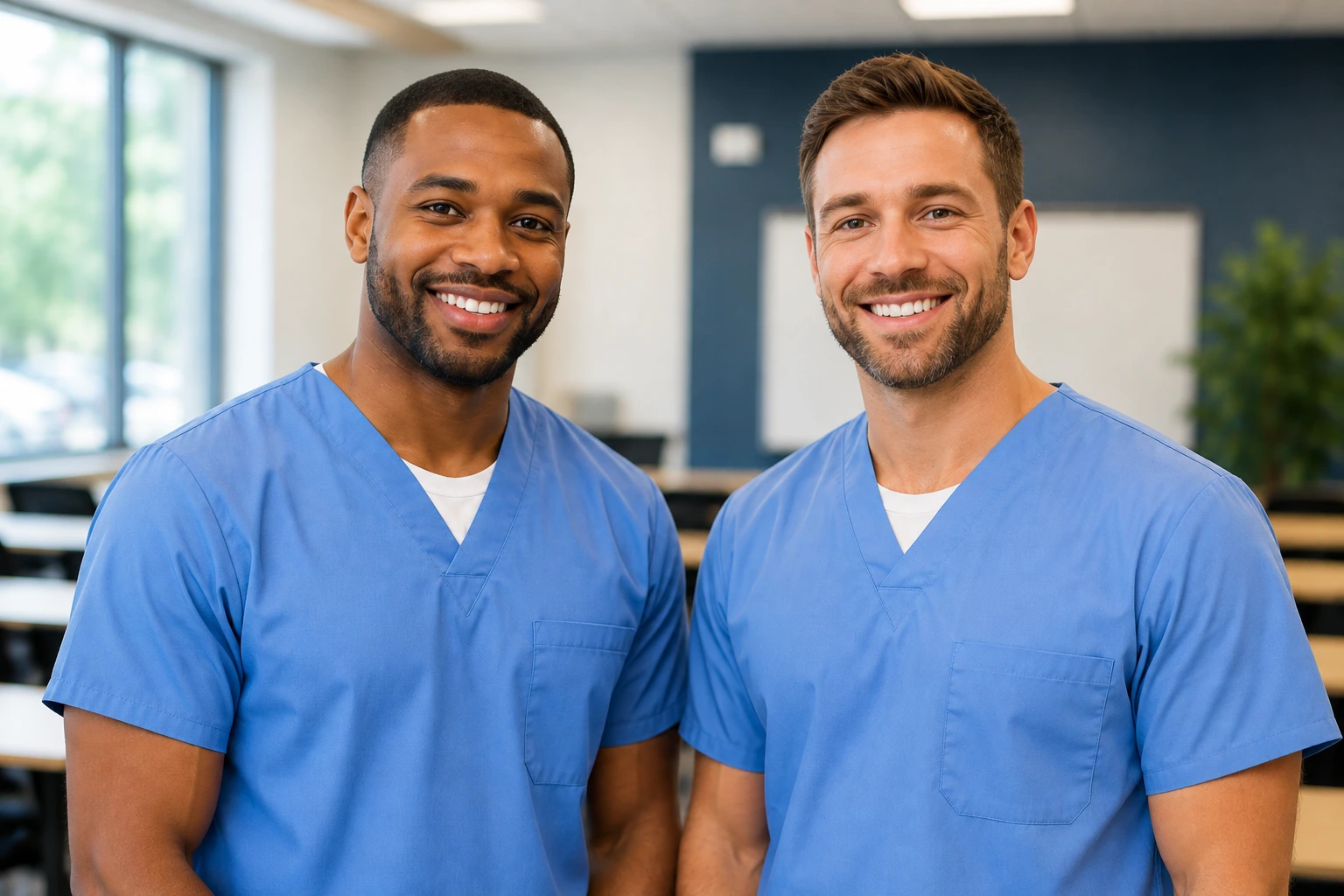 African American and White American male nurses in matching blue scrubs smile at the camera in a modern, softly blurred certification review center.
