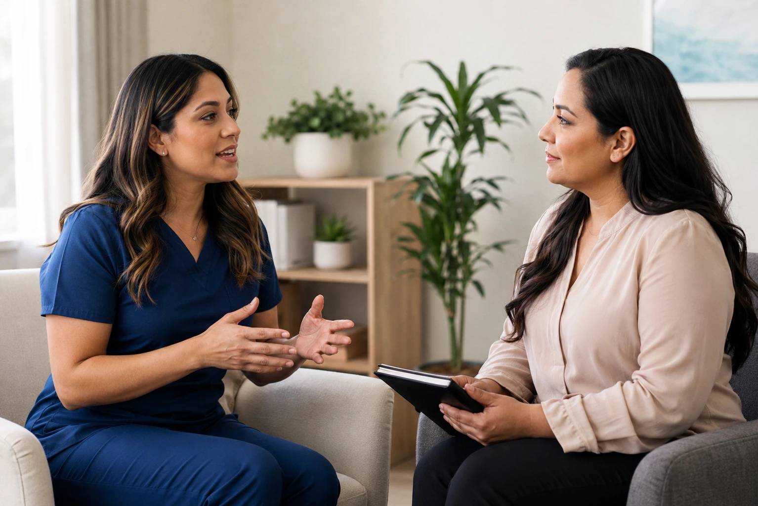 Hispanic PMHNP student and nurse educator participating in an interpersonal psychotherapy training role-play in a modern counseling setting.