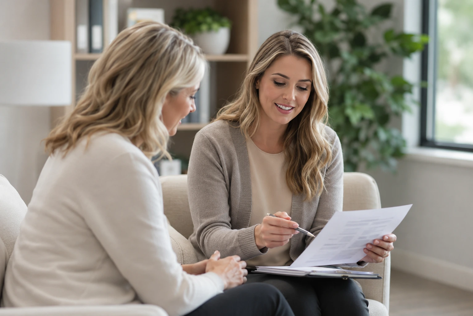 PMHNP student and nurse educator practicing behavioral therapy skills with a structured worksheet in a professional counseling setting.