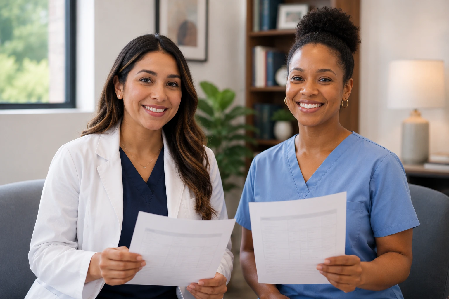 Two female Psychiatric-Mental Health Nurse Practitioners smiling while holding their exam results in a professional healthcare education setting.