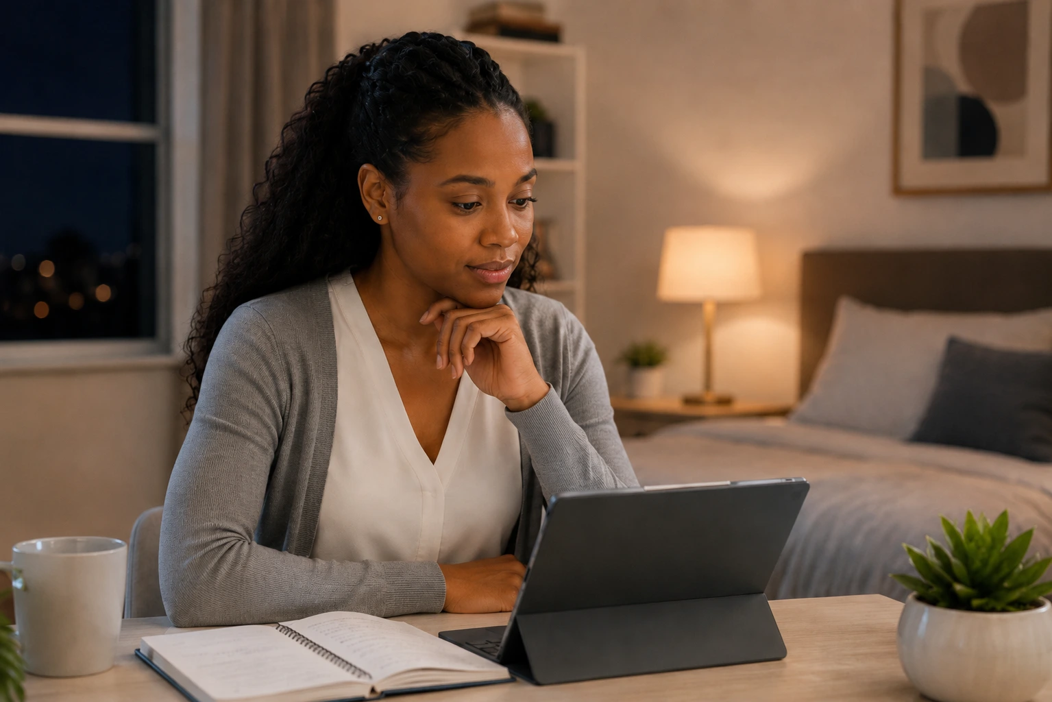 African American PMHNP student reviewing healthcare certification study materials on a tablet in her room at night.