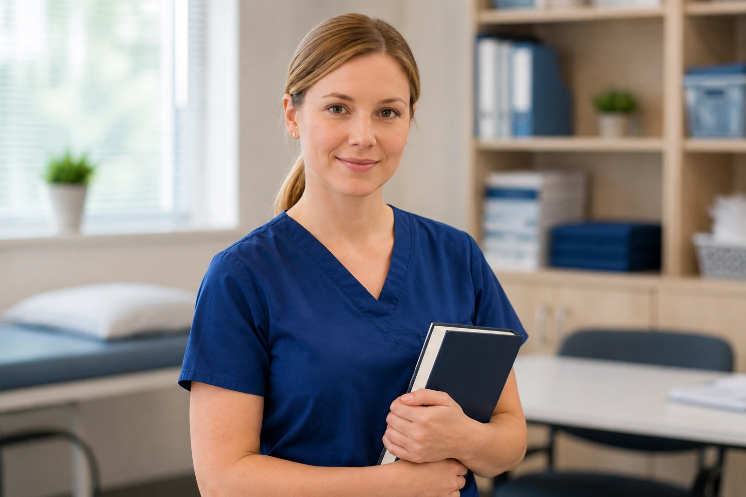 Student nurse in blue scrubs holding a study book and facing the camera in a modern clinical education setting.