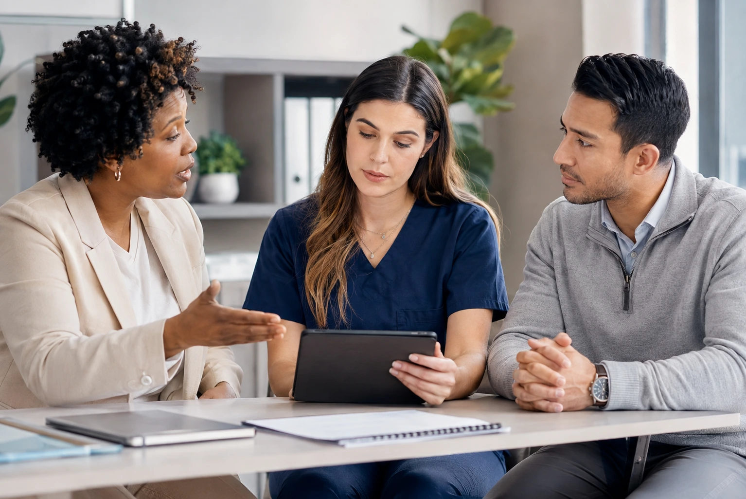Three diverse healthcare professionals review a psychiatric safety case during a PMHNP clinical education session.